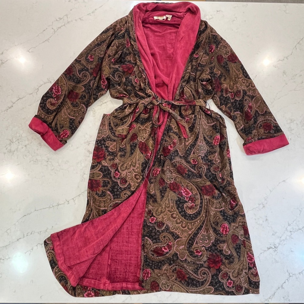 Victoria's Secret Long Robe OS Paisley Floral Gold Label Vtg 90s Terry Lined